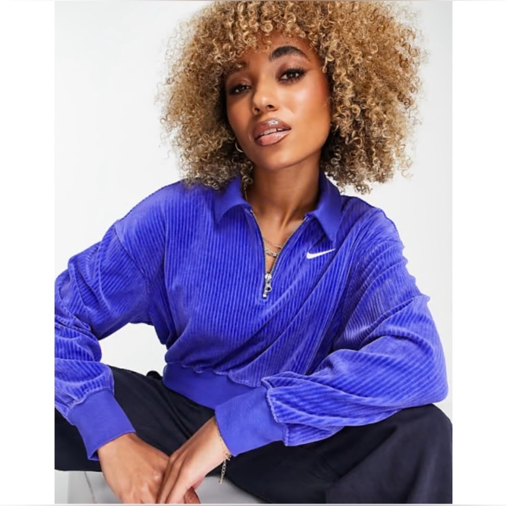 Nike Blue Ribbed Velour Half Zip Long Sleeve Cropped Sweatshirt Size Medium